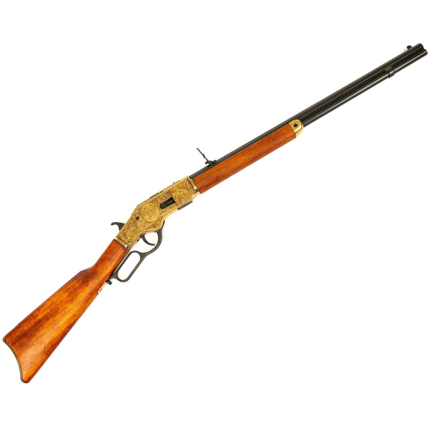 Winchester 1873 von Denix mit goldfarbenem Gehäuse, schwarzem Lauf und Holzschaft