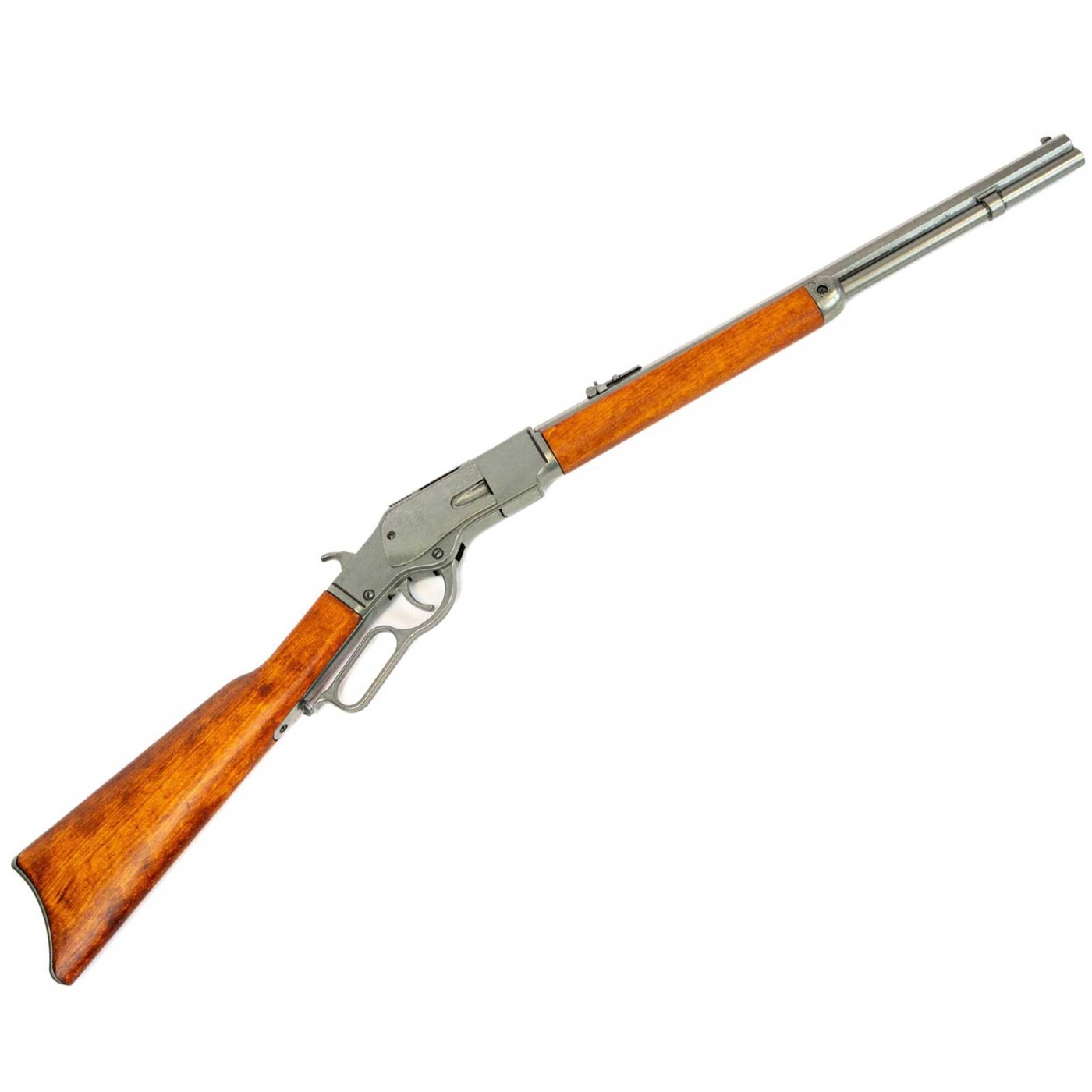 Winchester 1873 Dekogewehr mit braunem Holzschaft und glattem grauem Metallgehäuse