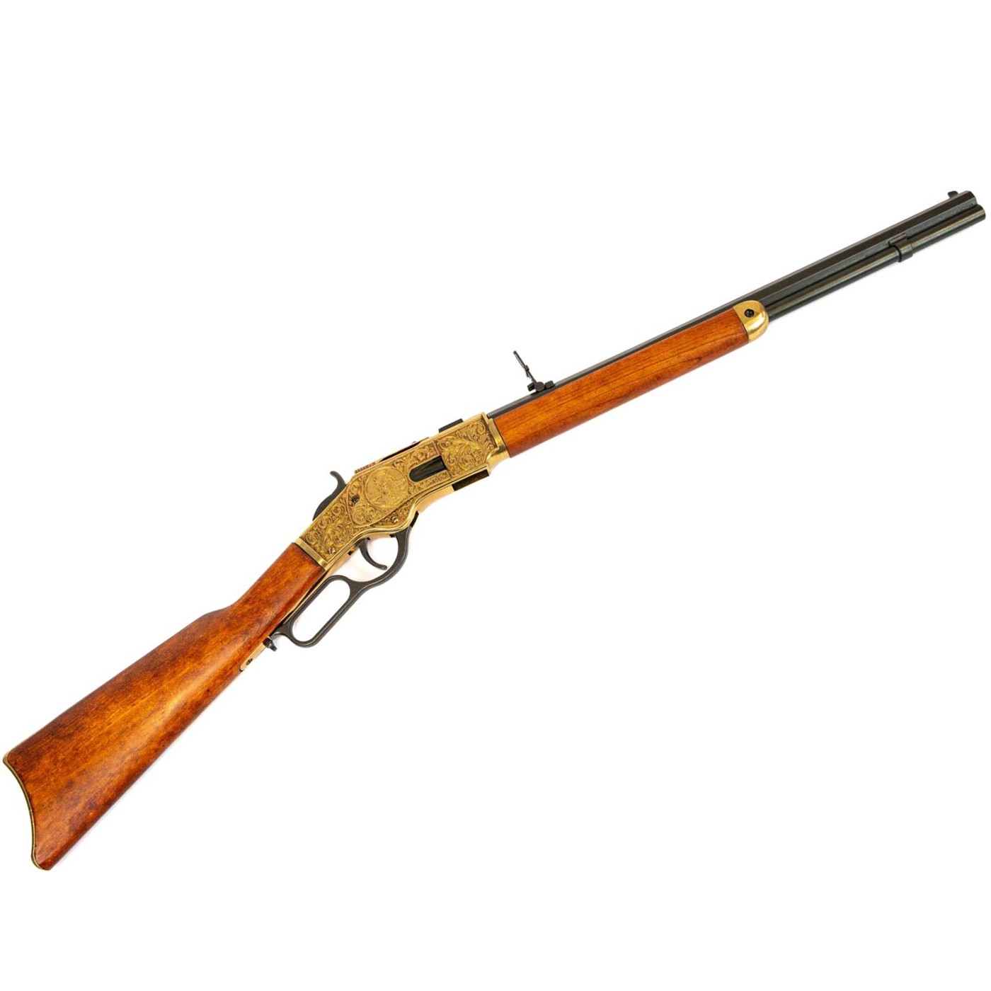 Winchester 1873 Denix mit kurzem schwarzem Lauf, goldfarbenem Gehäuse und Holzschaft