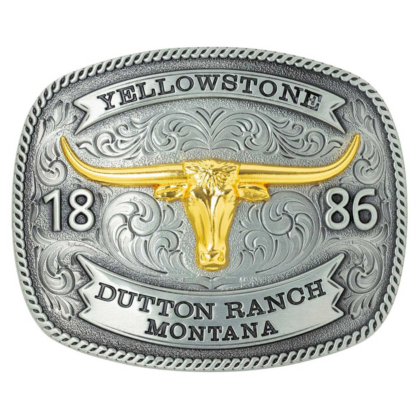 Yellowstone Western-Gürtelschnalle GS-612 von Stars & Stripes mit goldenem Longhorn, Dutton Ranch-Schriftzug und silberfarbenem Relief