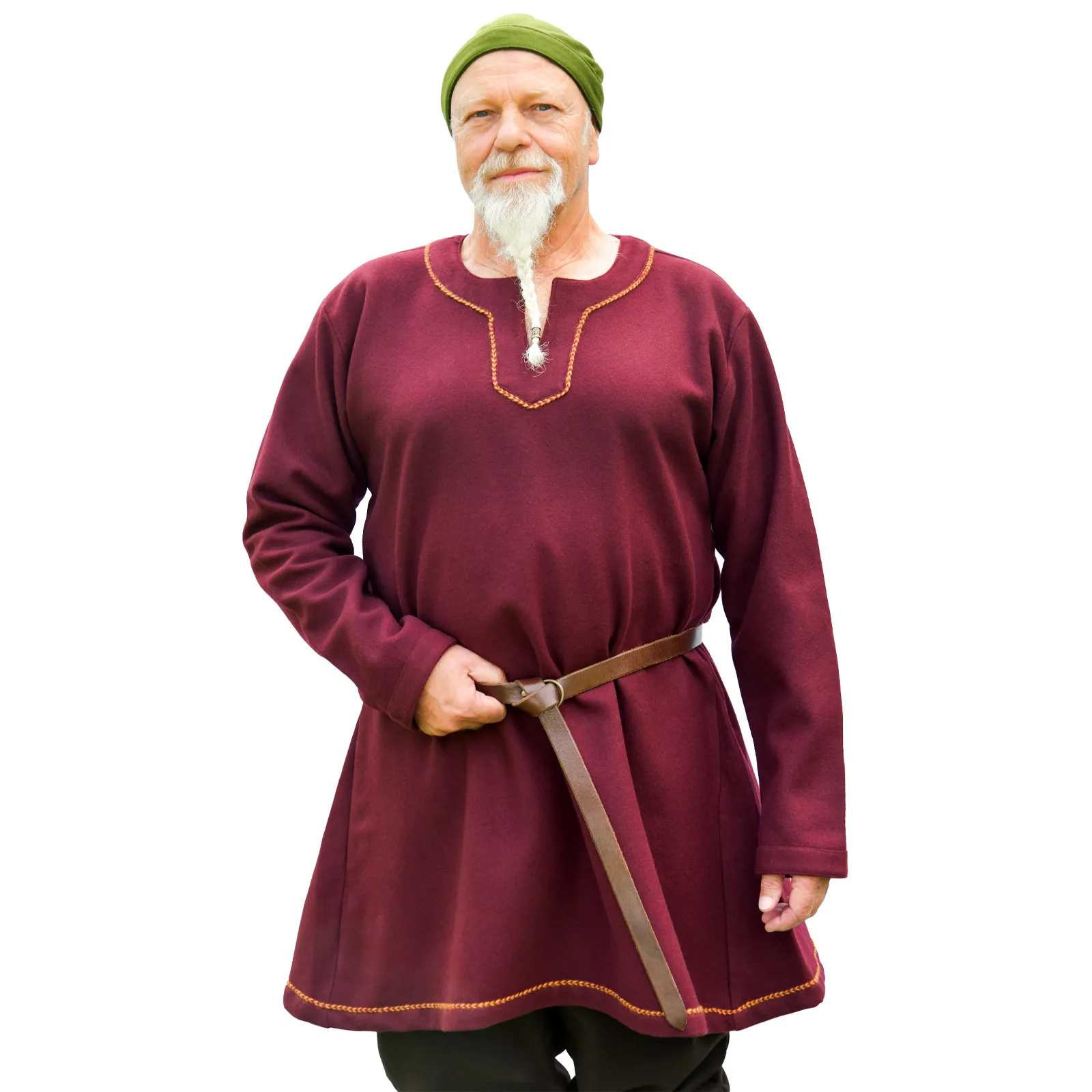 Burgundrote Wikinger Wolltunika Forseti aus 100 % Wolle mit senfgelber Zierborte