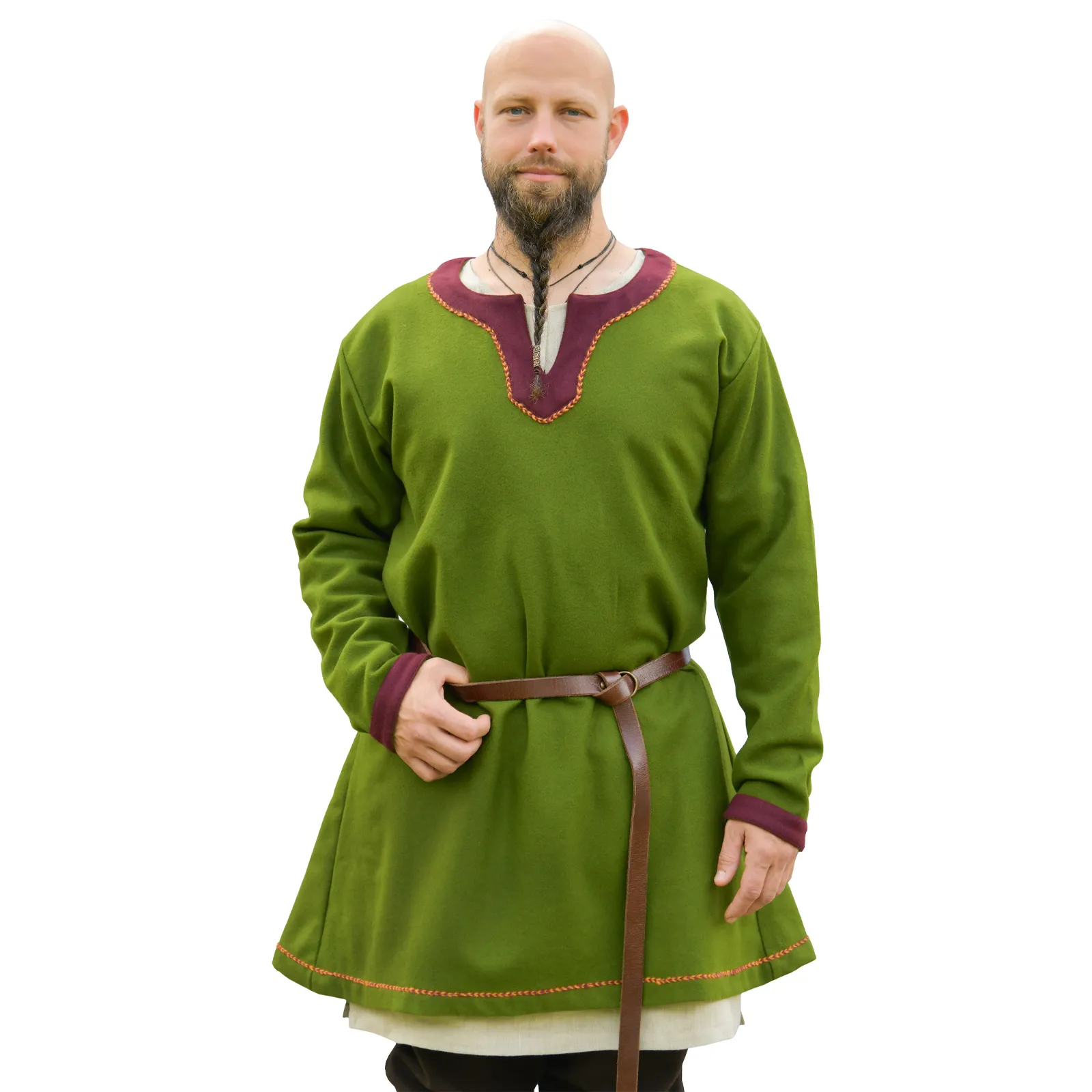 Wikinger Wolltunika Forseti aus 100 % Wolle in Grün-Burgund, Vorderansicht