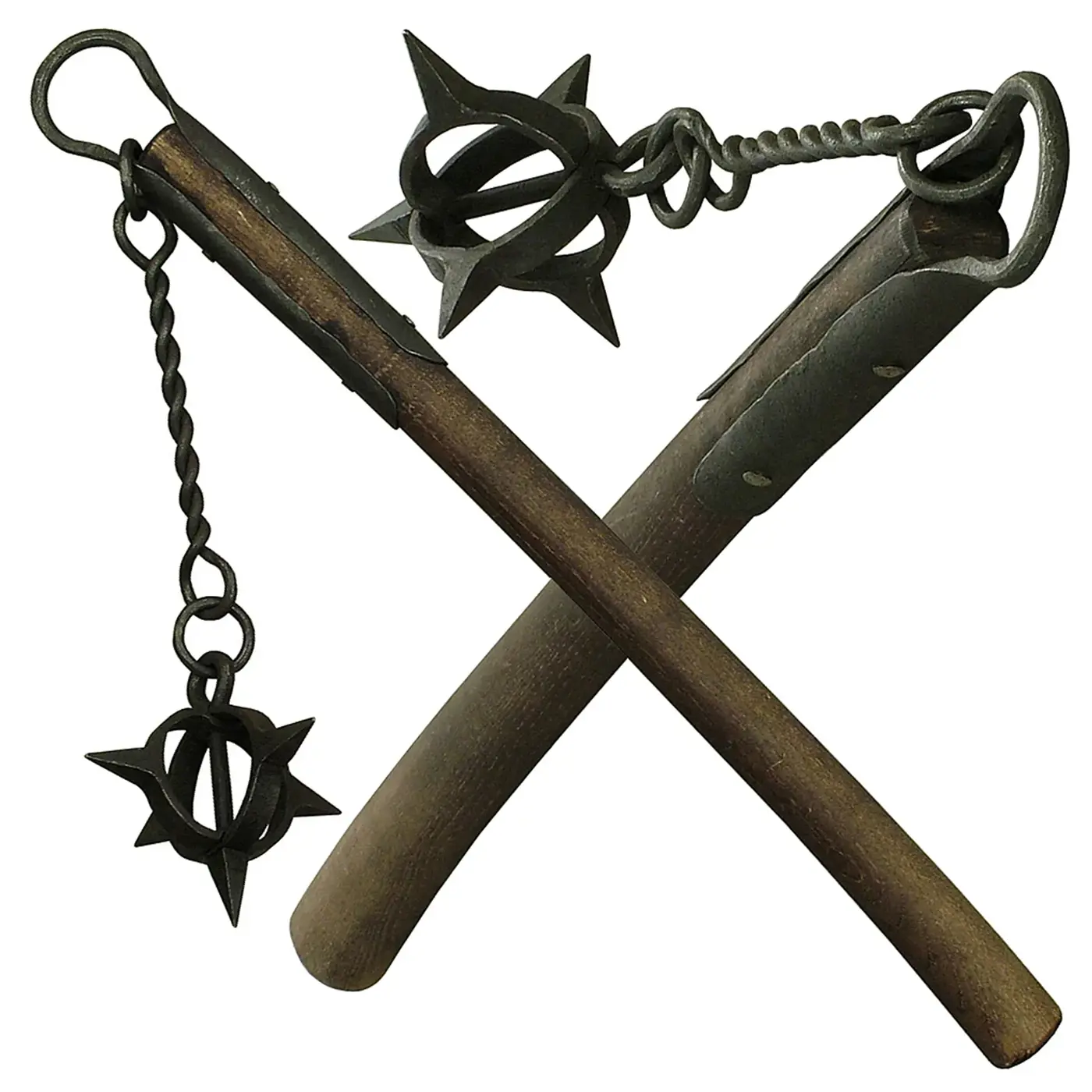Morgenstern Reynfrid mit dunklem Holzschaft, Gliederkette und offen gestaltetem Metallkopf mit Spitzen