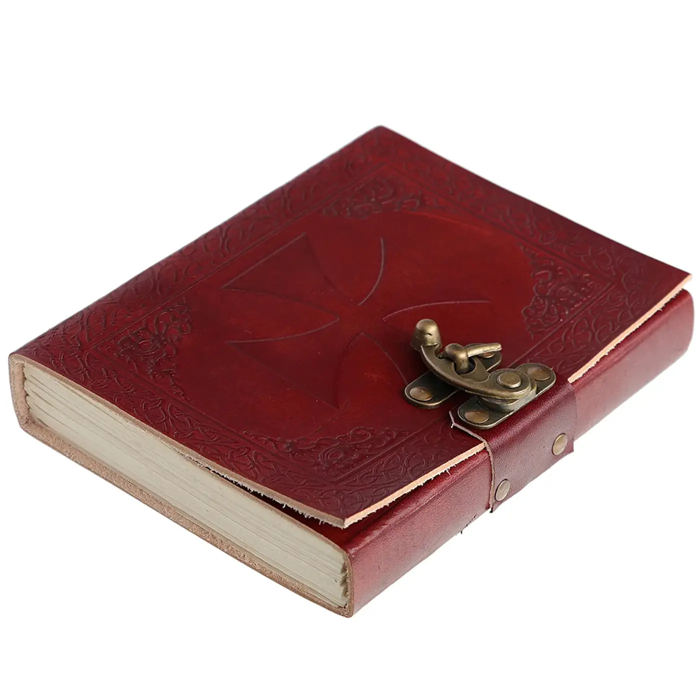 Templer-Notizbuch aus rotbraunem Leder mit geschlossenem Messingverschluss in Schrägansicht