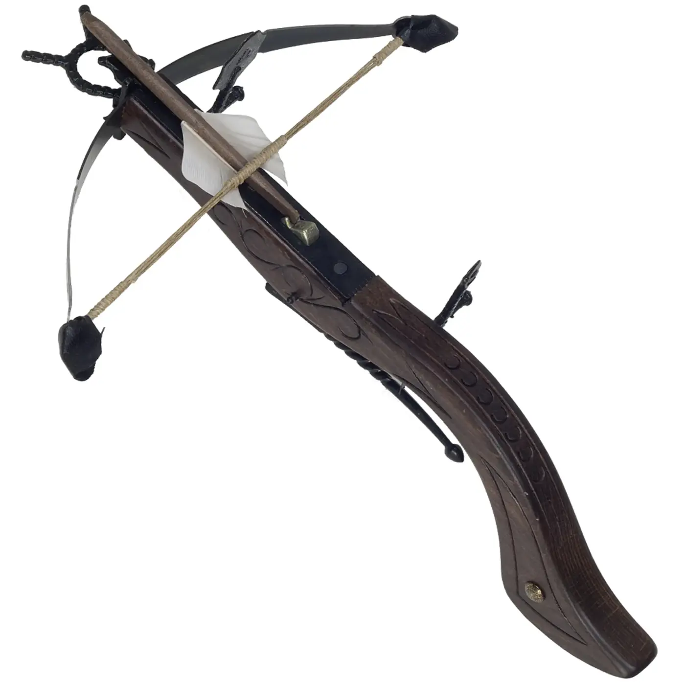 Mittelalterliche Deko-Armbrust mit verziertem Holzschaft, dunklem Metallbogen und Holzbolzen mit Naturfedern